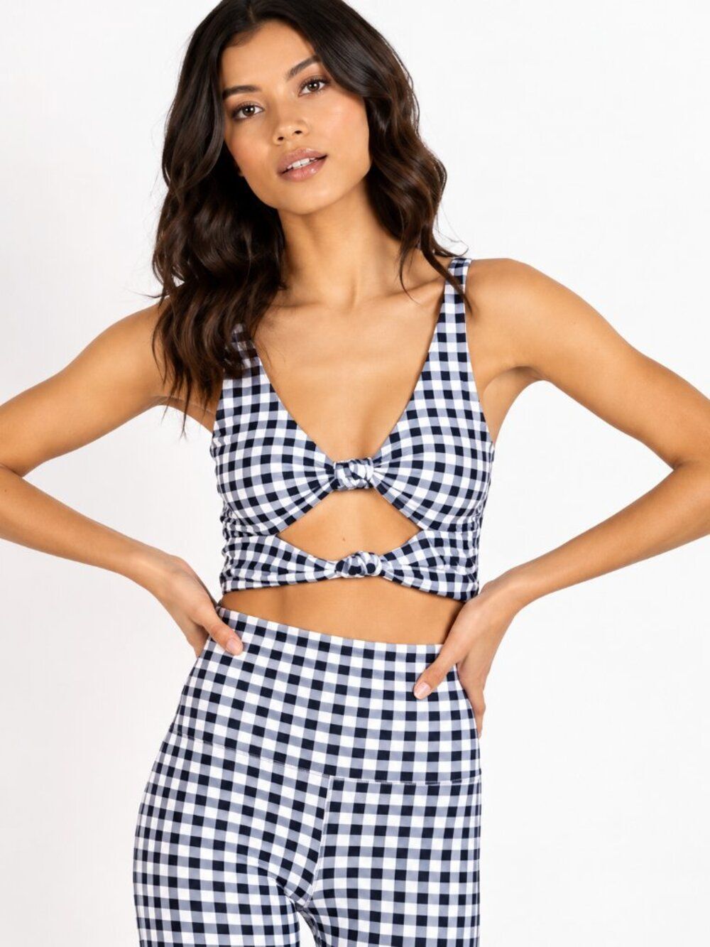 Beach Riot Bowie Top Women M Blue White Gingham Double Knot Crop Top Preppy